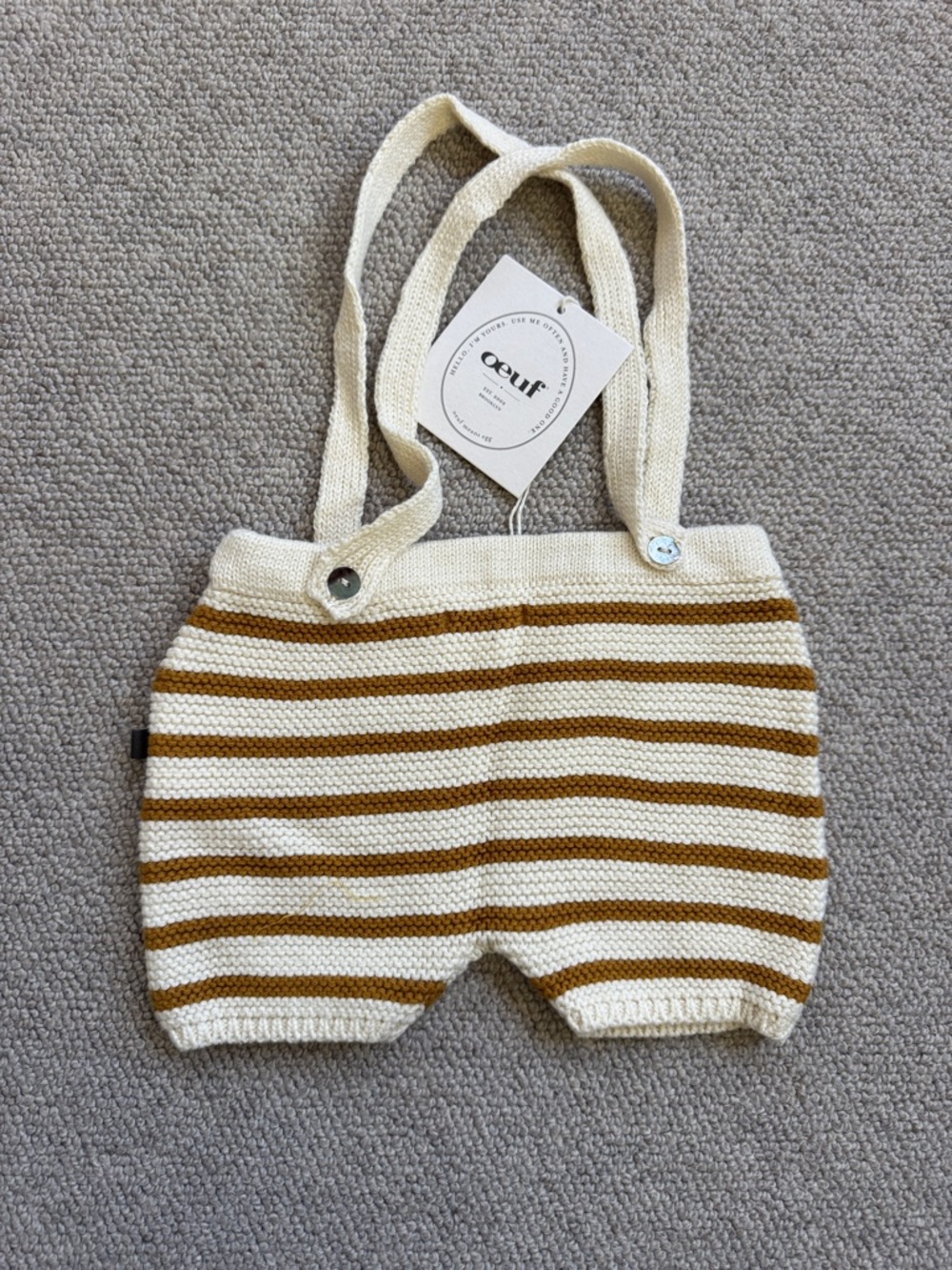 Oeuf Cream and Brown Striped Knit Baby Suspenders Shorts